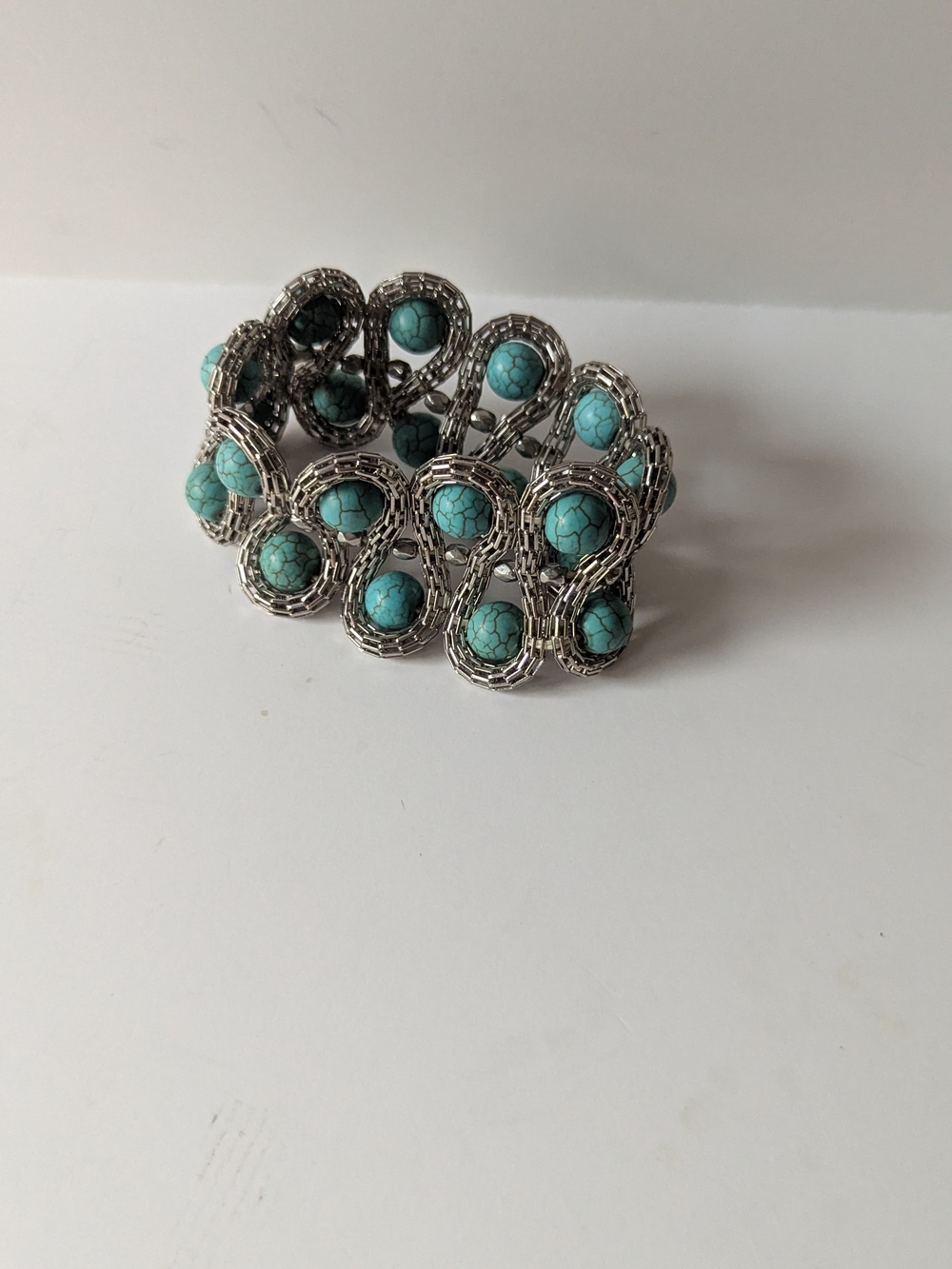 Turquoise Beaded Silver-Tone Stretch Bracelet - Women Jewelry